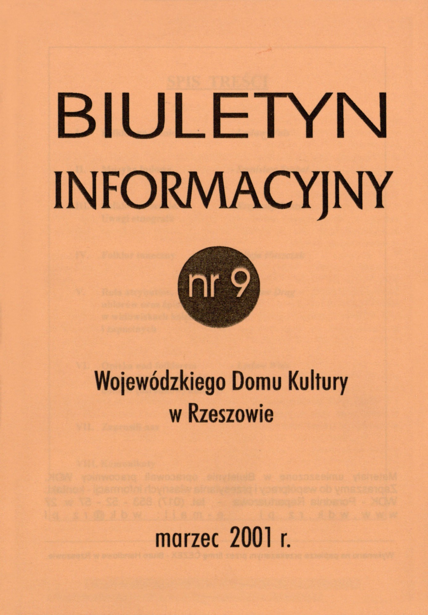zdjęcie okładki czasopisma - Biuletyn Informacyjny Wojewódzkiego Domu Kultury w Rzeszowie. 2001, nr 9 (marzec)